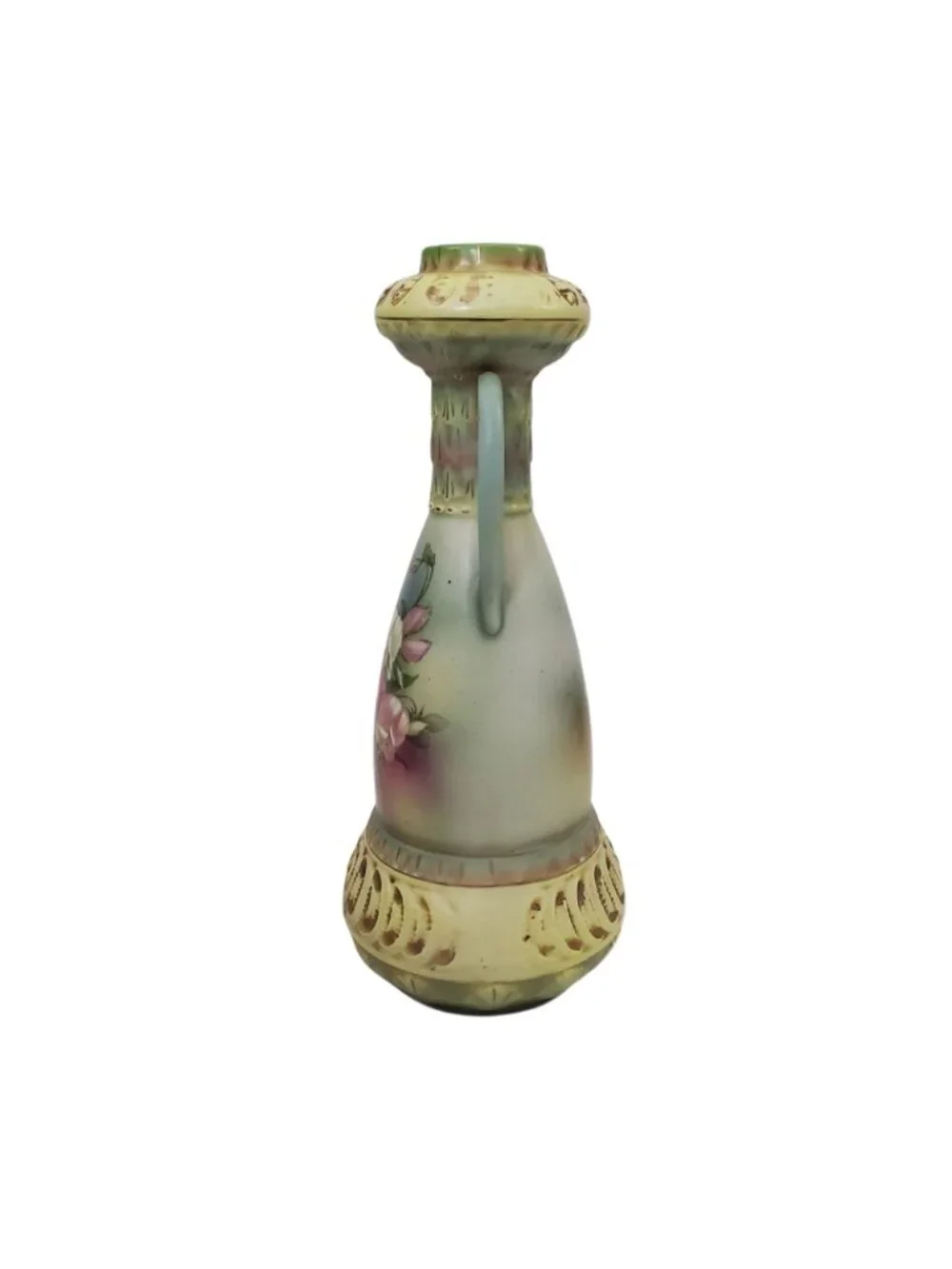 Antique Robert Hanke Austria Porcelain Vase Hand-Painted Floral Pierced Handles
